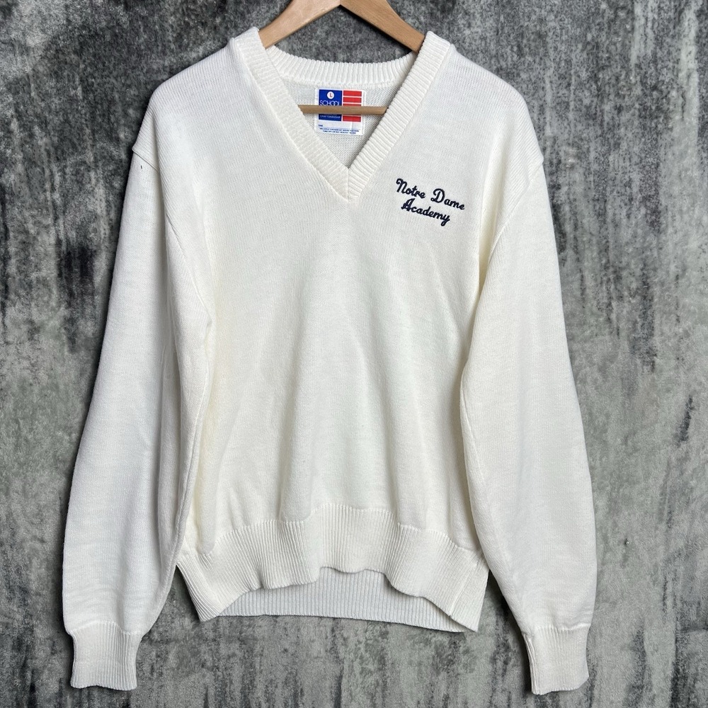 Vintage Notre Dame Academy School Apparel USA V Neck Sweater L Preppy Schoolcore